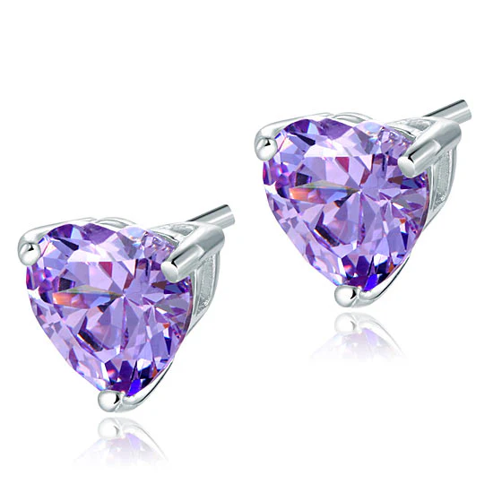 Bridal 2 Carat Heart Cut Purple Stud 925 Sterling Silver Earrings Jewelry